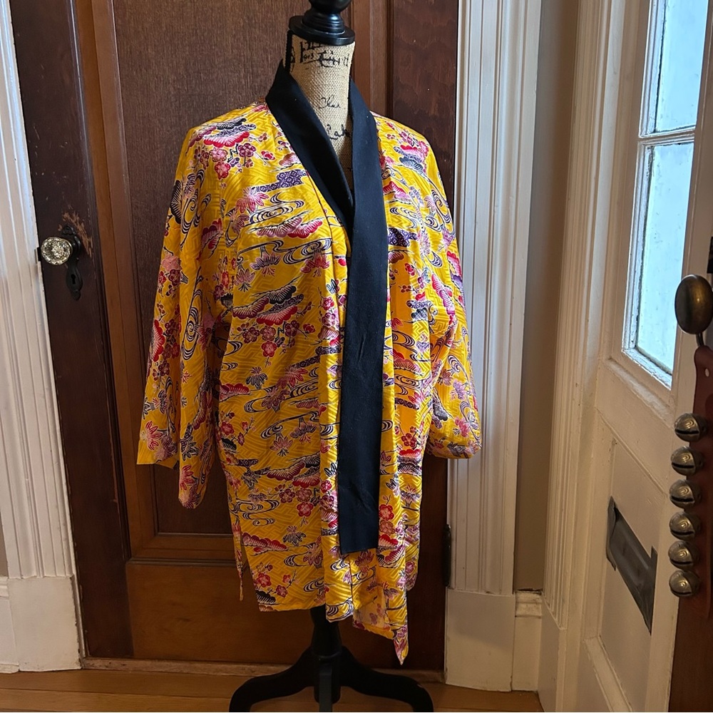 Vibrant Yellow Kimono with Black Trim